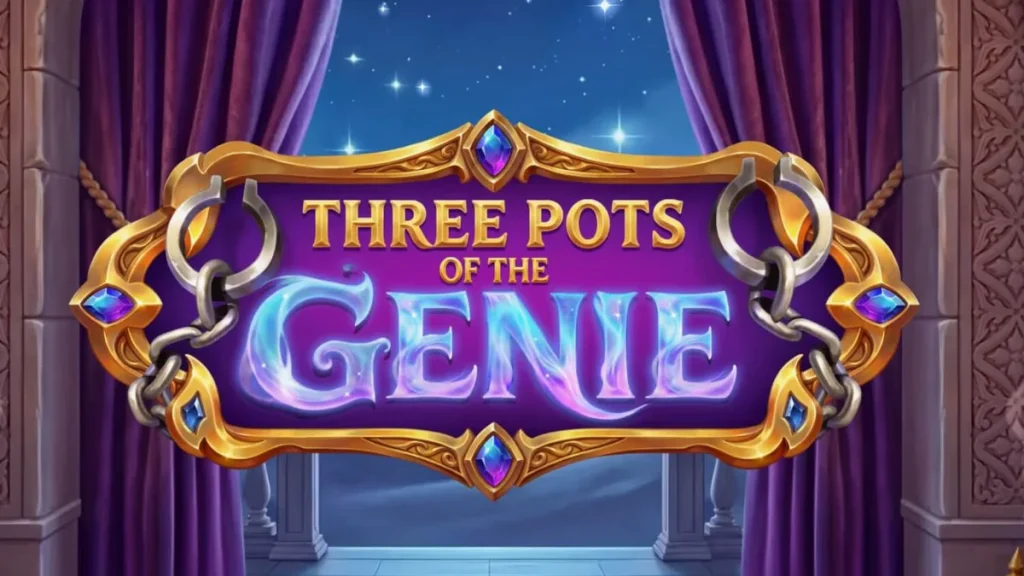 Tampilan visual slot Three Pots of the Genie dengan latar belakang gurun dan lampu ajaib.